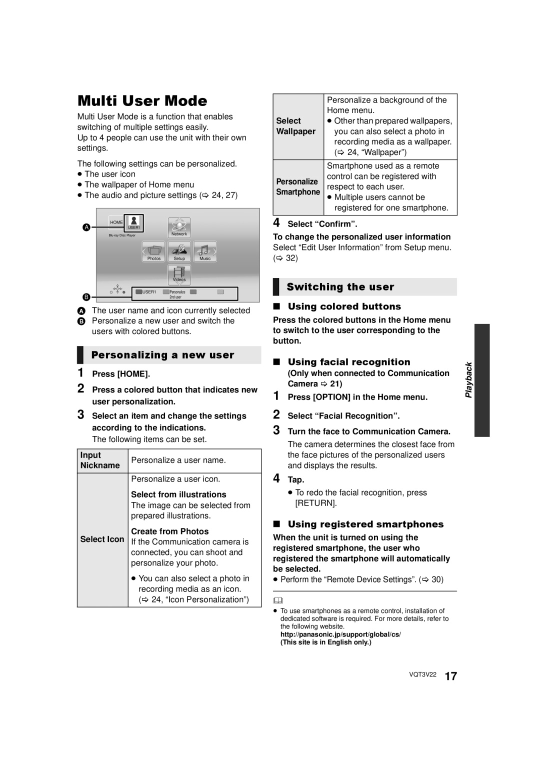 Panasonic DMP-BDT320, DMPBDT320EB Multi User Mode, Switching the user, Using colored buttons, Using facial recognition 