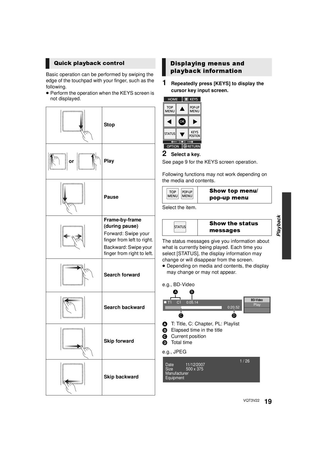 Panasonic DMP-BDT321 Displaying menus and playback information, Quick playback control, Show top menu/ pop-up menu 