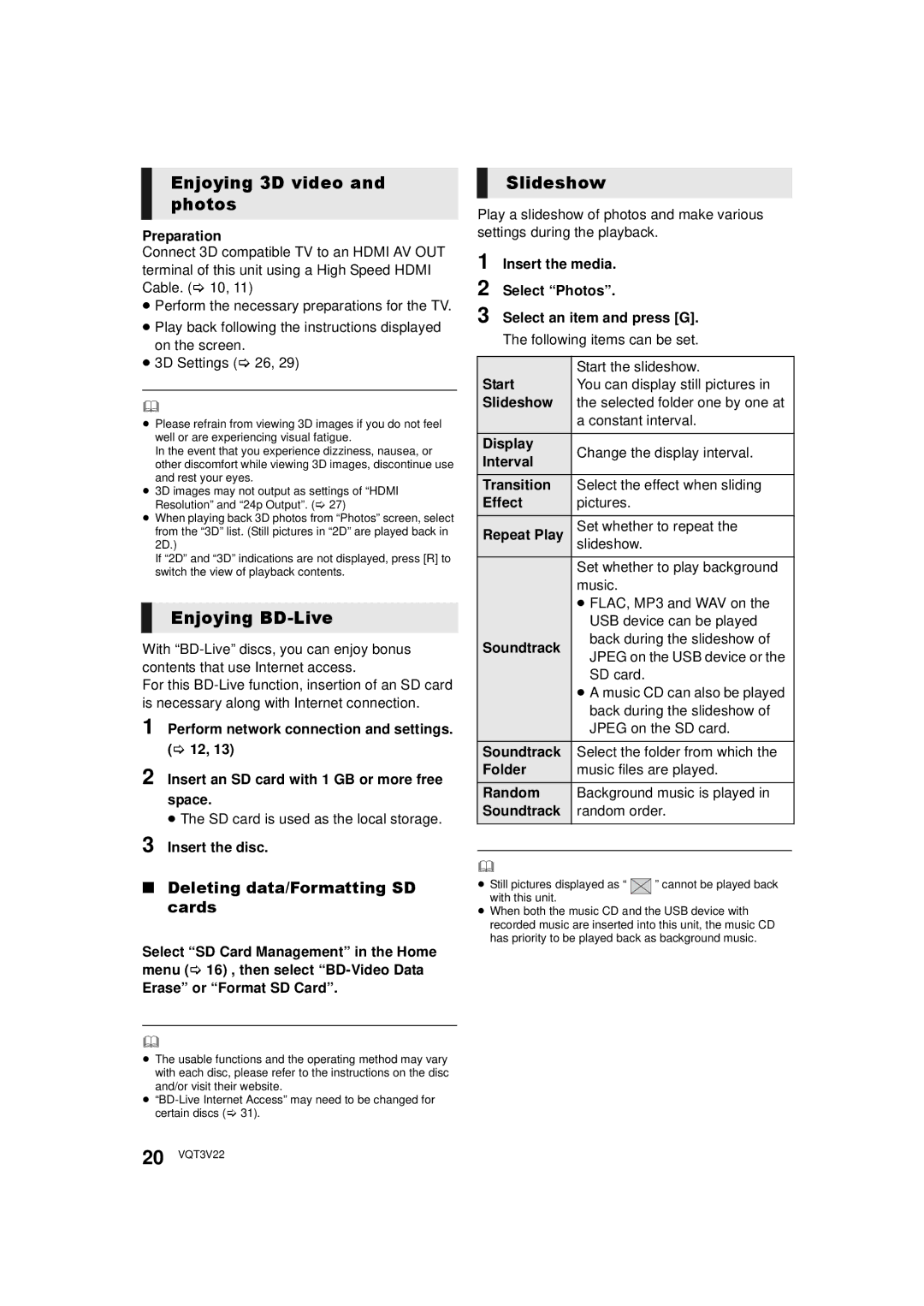 Panasonic DMP-BDT320 Enjoying 3D video and photos, Enjoying BD-Live, Slideshow, Deleting data/Formatting SD cards 