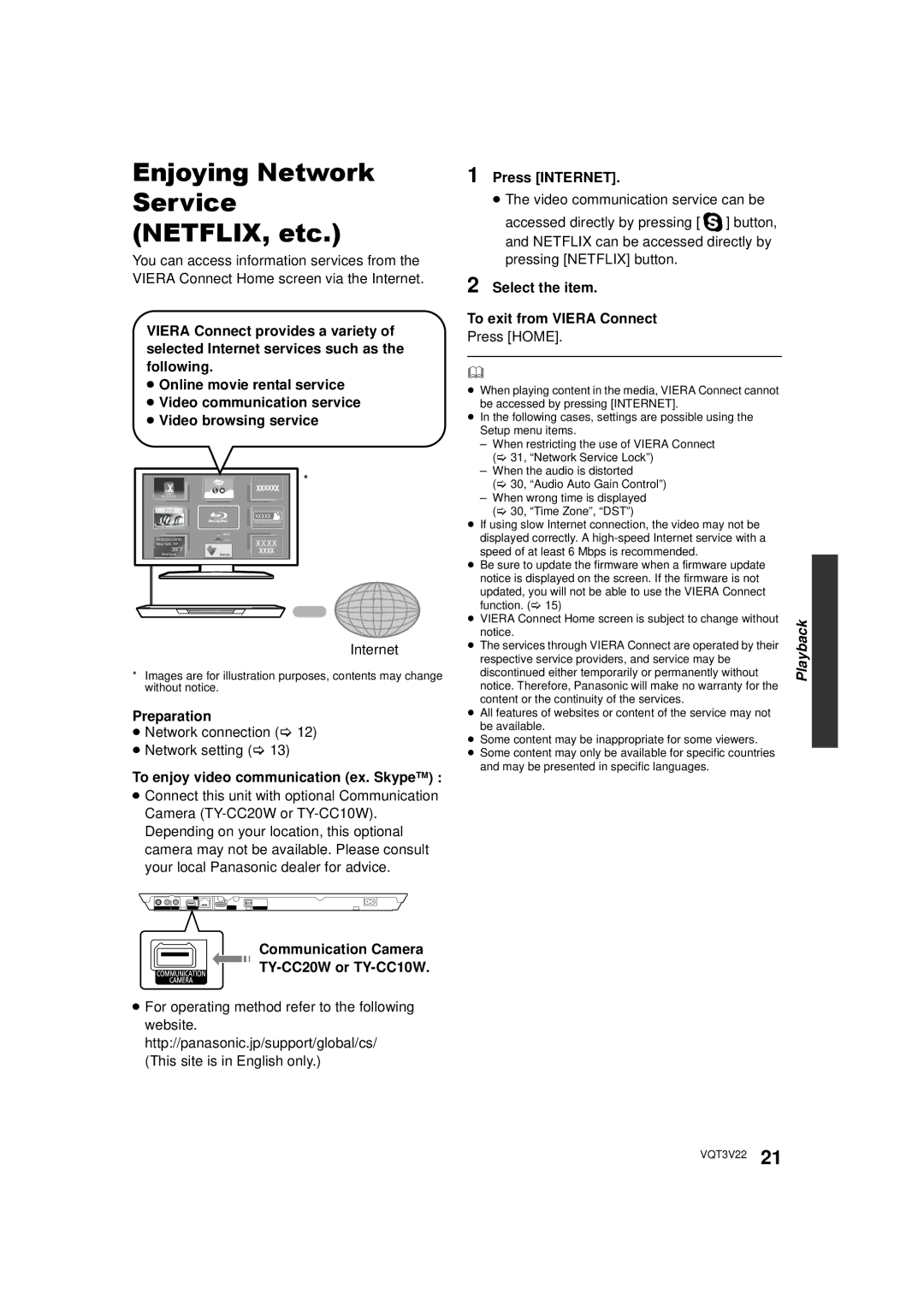 Panasonic DMPBDT320EB Enjoying Network Service NETFLIX, etc, To enjoy video communication ex. SkypeTM, Press Internet 