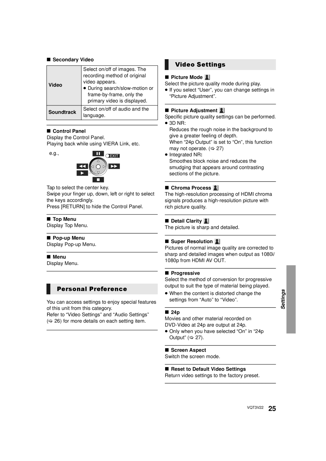 Panasonic DMP-BDT321, DMPBDT320EB, DMP-BDT320 owner manual Video Settings, Personal Preference 