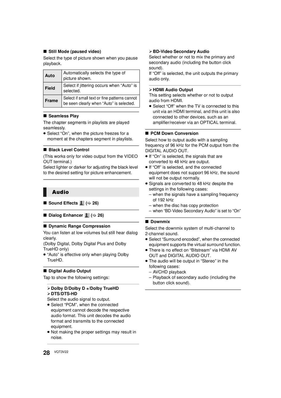 Panasonic DMP-BDT321, DMPBDT320EB, DMP-BDT320 owner manual Audio, ¾ DTS/DTS-HD 