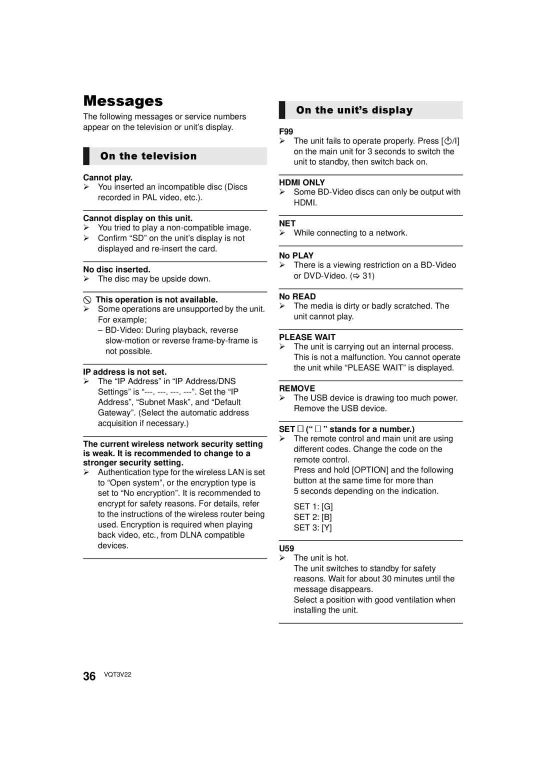 Panasonic DMPBDT320EB, DMP-BDT321, DMP-BDT320 owner manual Messages, On the television, On the unit’s display 