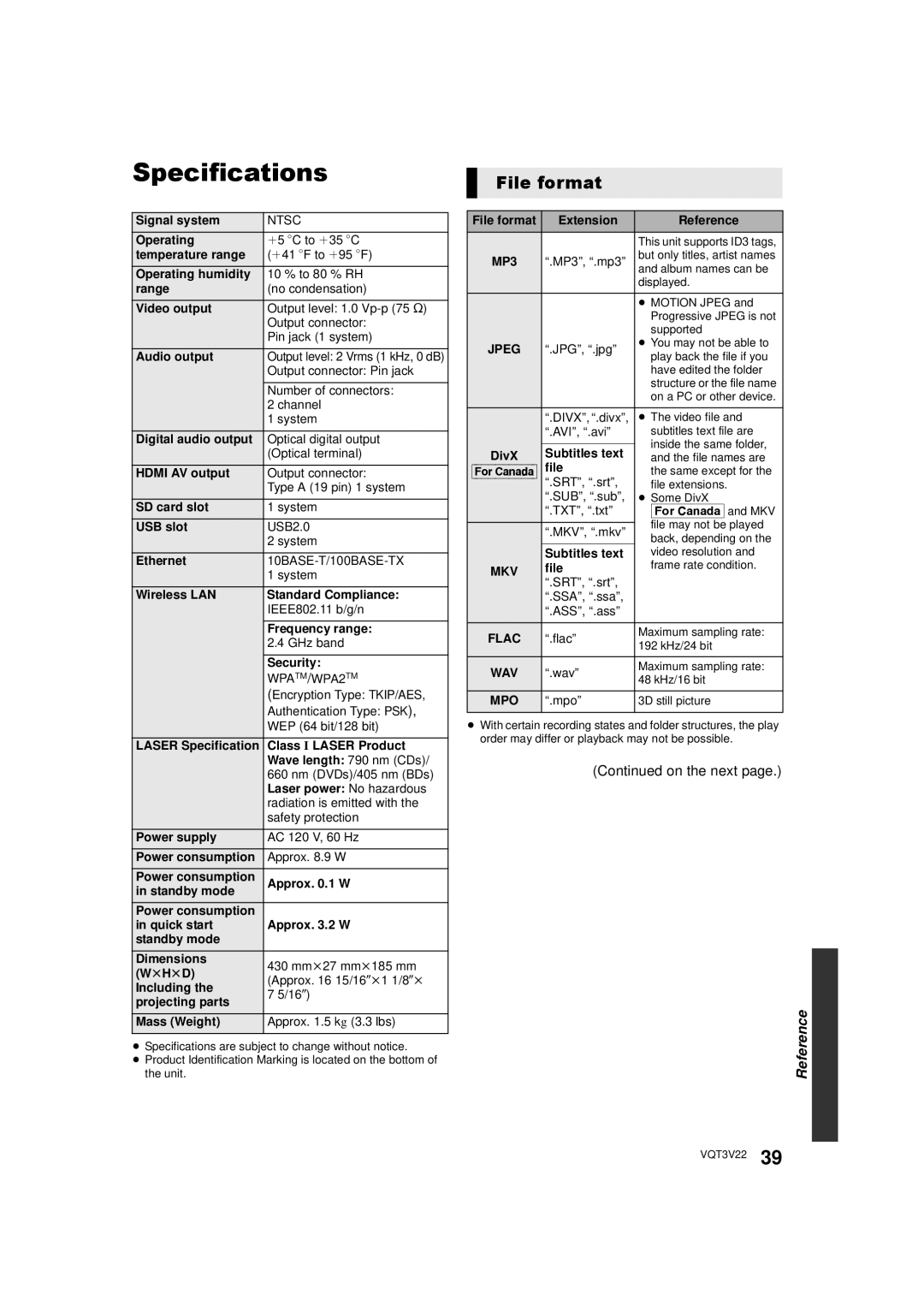 Panasonic DMPBDT320EB, DMP-BDT321, DMP-BDT320 owner manual Specifications, File format, On the next 