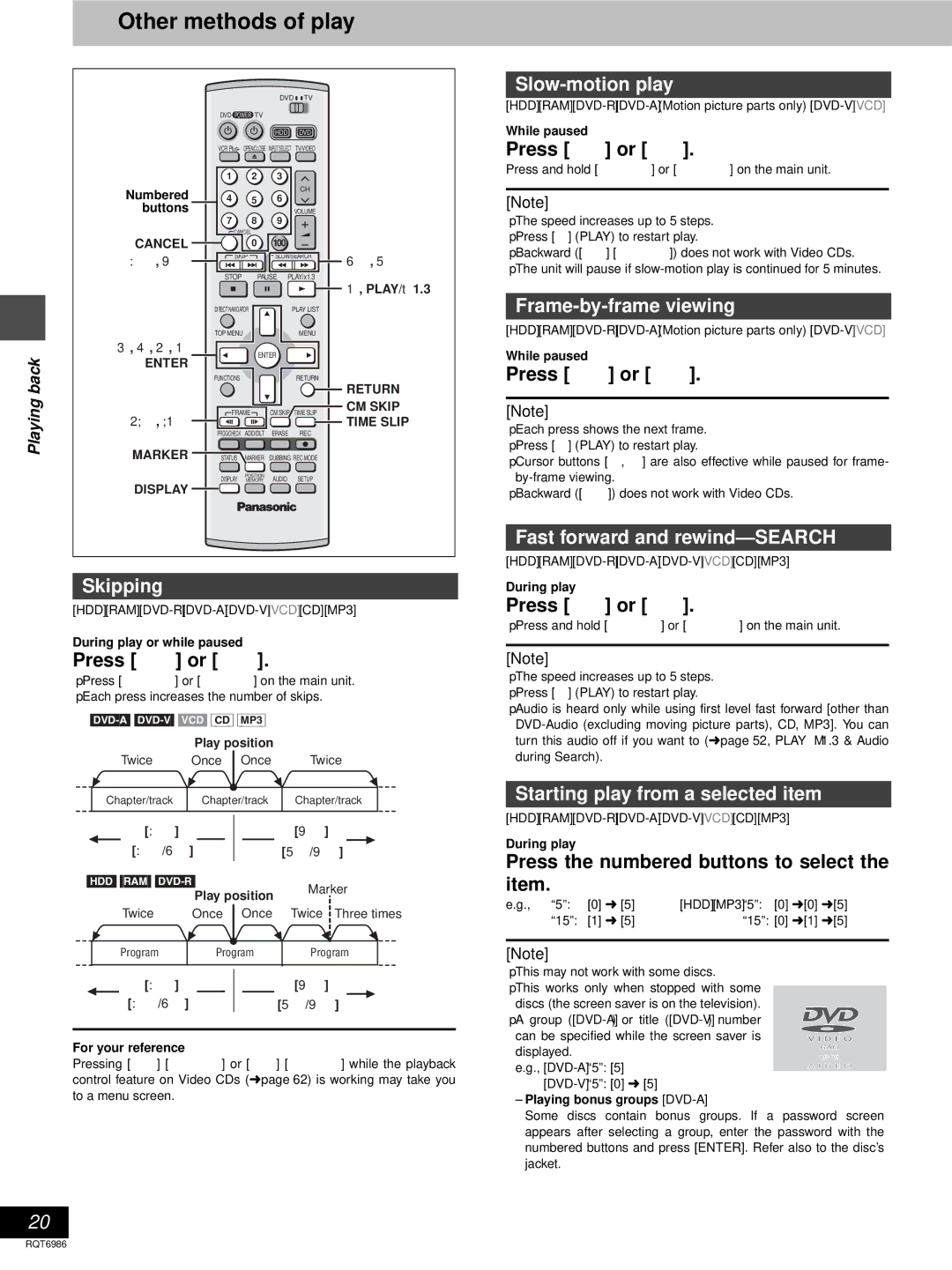 Panasonic DMR-E100H warranty Other methods of play 