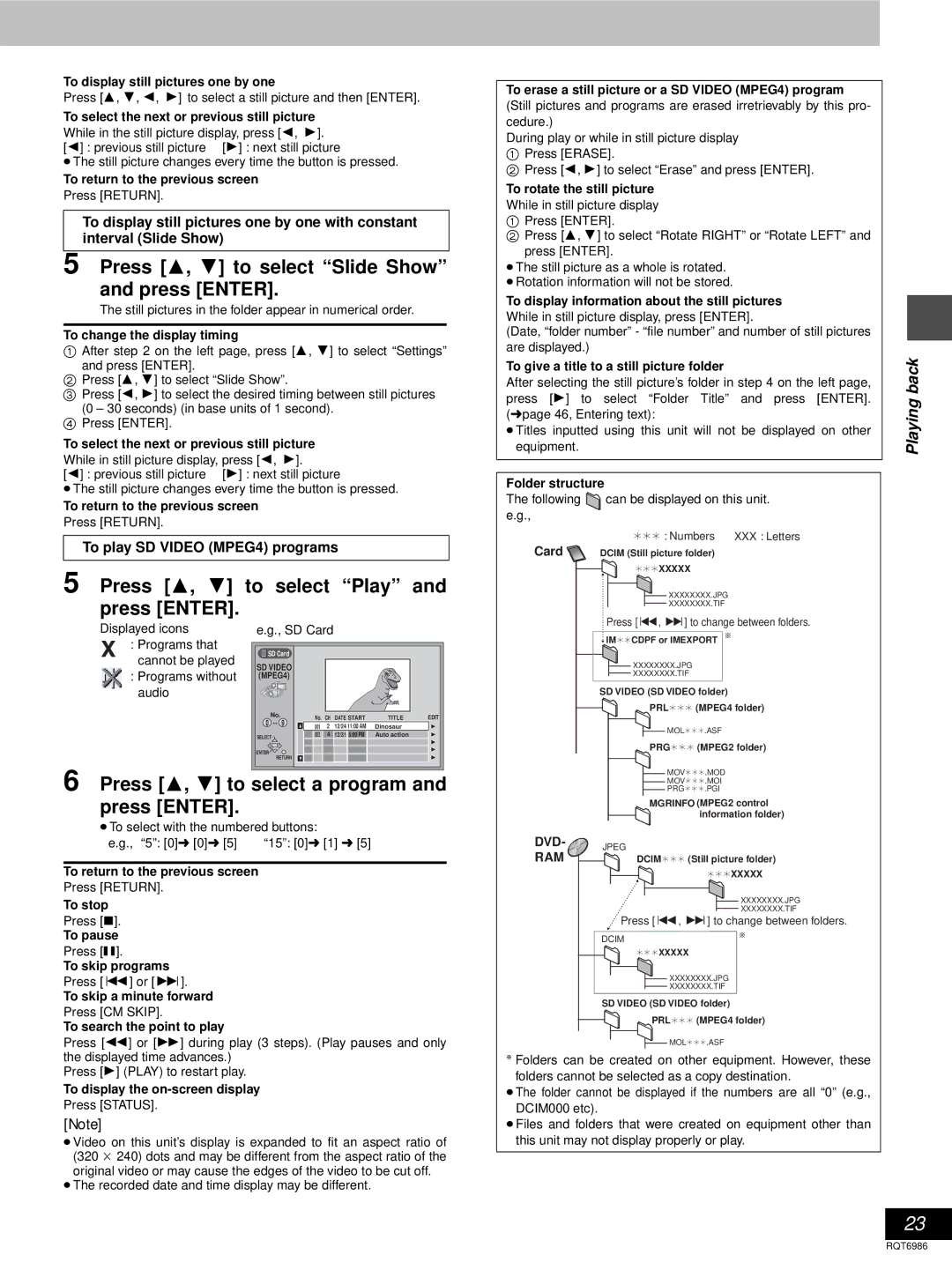 Panasonic DMR-E100H Press 3, 4 to select Slide Show and press Enter, Press 3 To select Play Press Enter, DVD- Jpeg RAM 