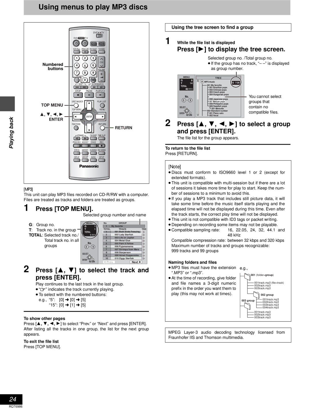 Panasonic DMR-E100H warranty Using menus to play MP3 discs, Press TOP Menu, Press 1 to display the tree screen 