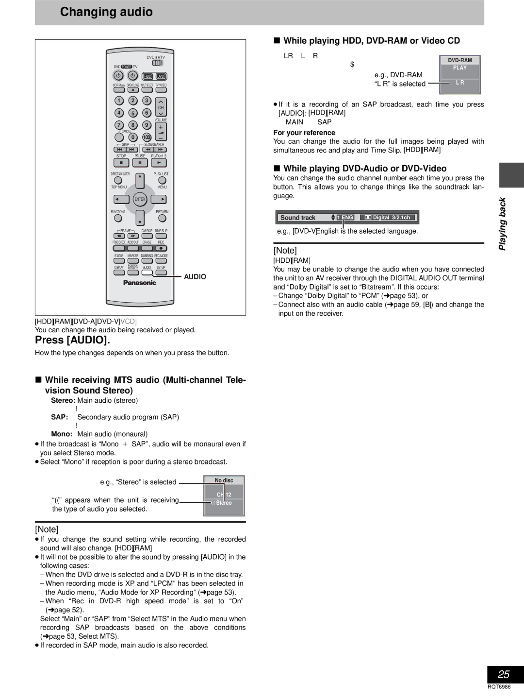 Panasonic DMR-E100H warranty Changing audio, Press Audio, While playing HDD, DVD-RAM or Video CD 