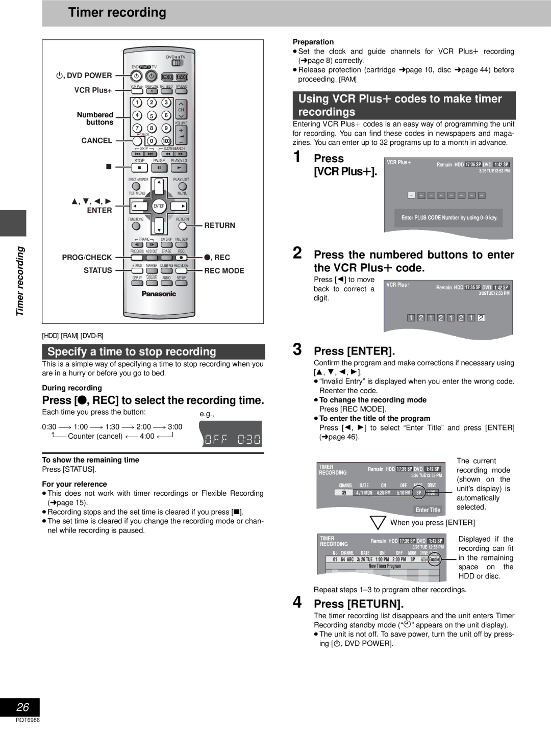 Panasonic DMR-E100H Timer recording, Using VCR Plusr codes to make timer recordings, Specify a time to stop recording 