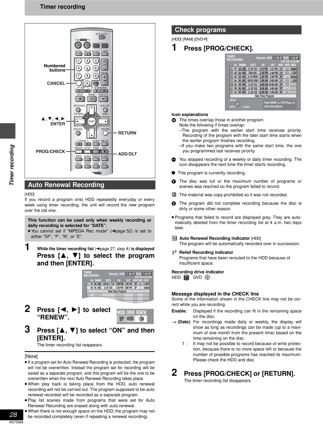 Panasonic DMR-E100H warranty Auto Renewal Recording, Press 3, 4 to select the program and then Enter, Check programs 