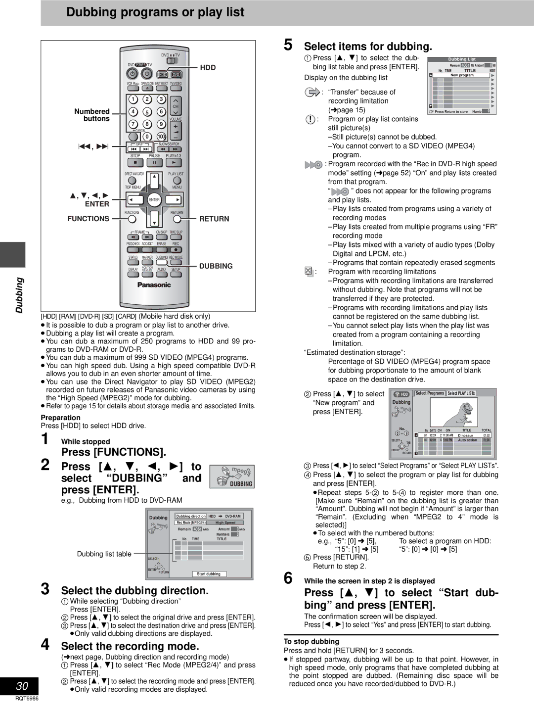 Panasonic DMR-E100H warranty Dubbing programs or play list, Select items for dubbing, Select the dubbing direction 