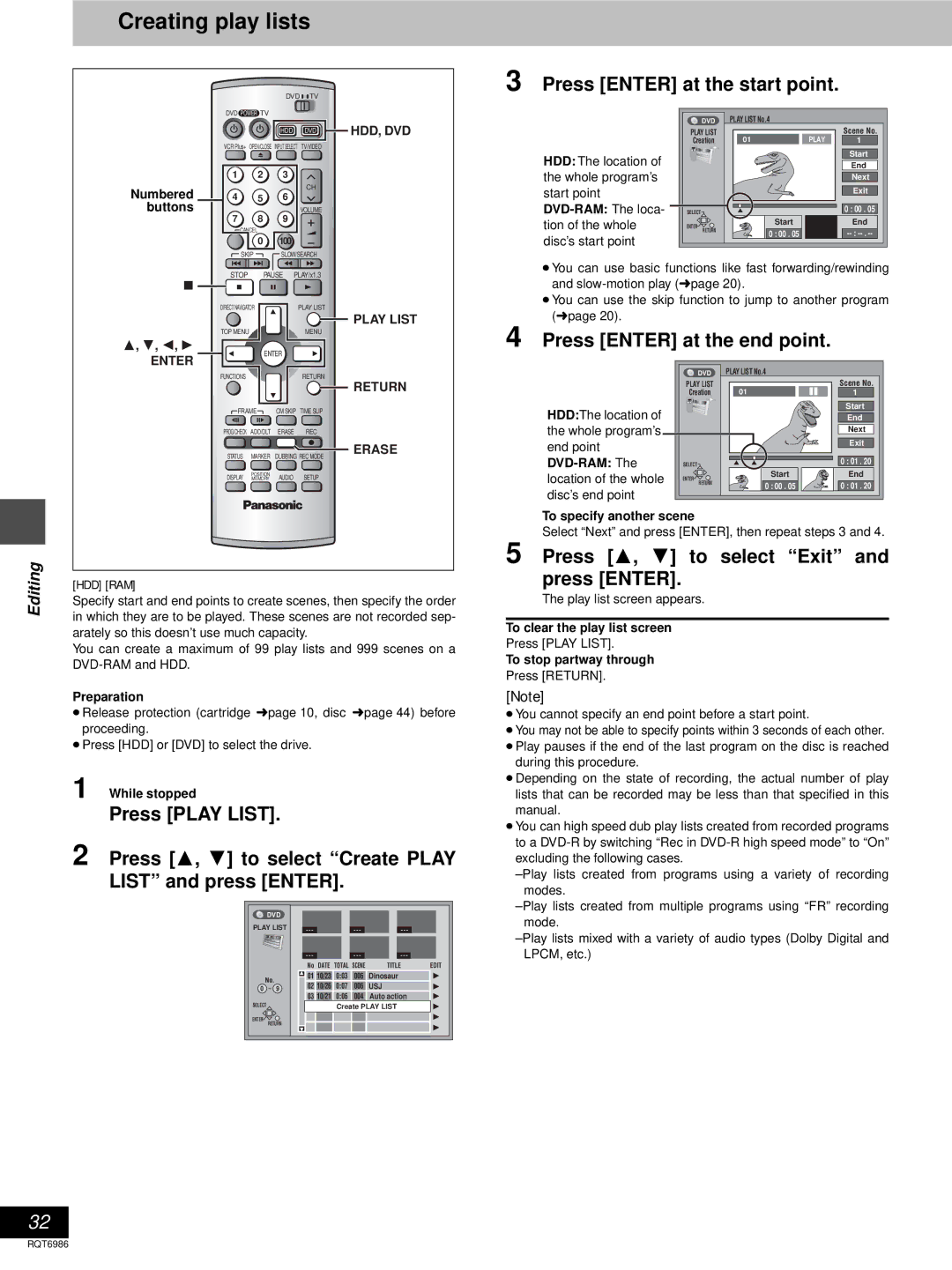 Panasonic DMR-E100H warranty Creating play lists, Press Enter at the start point, Press Enter at the end point 