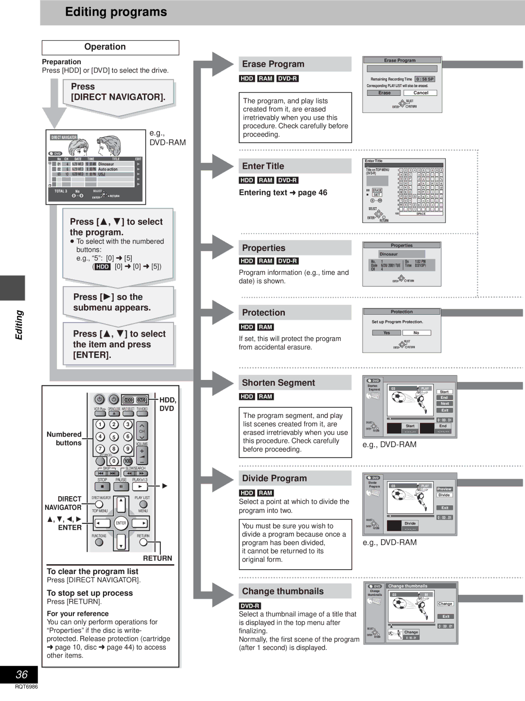 Panasonic DMR-E100H warranty Editing programs 