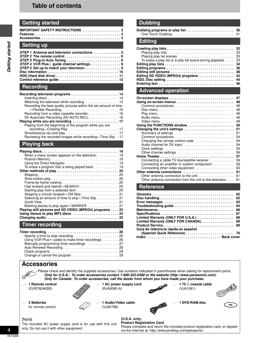 Panasonic DMR-E100H warranty Table of contents, Accessories 