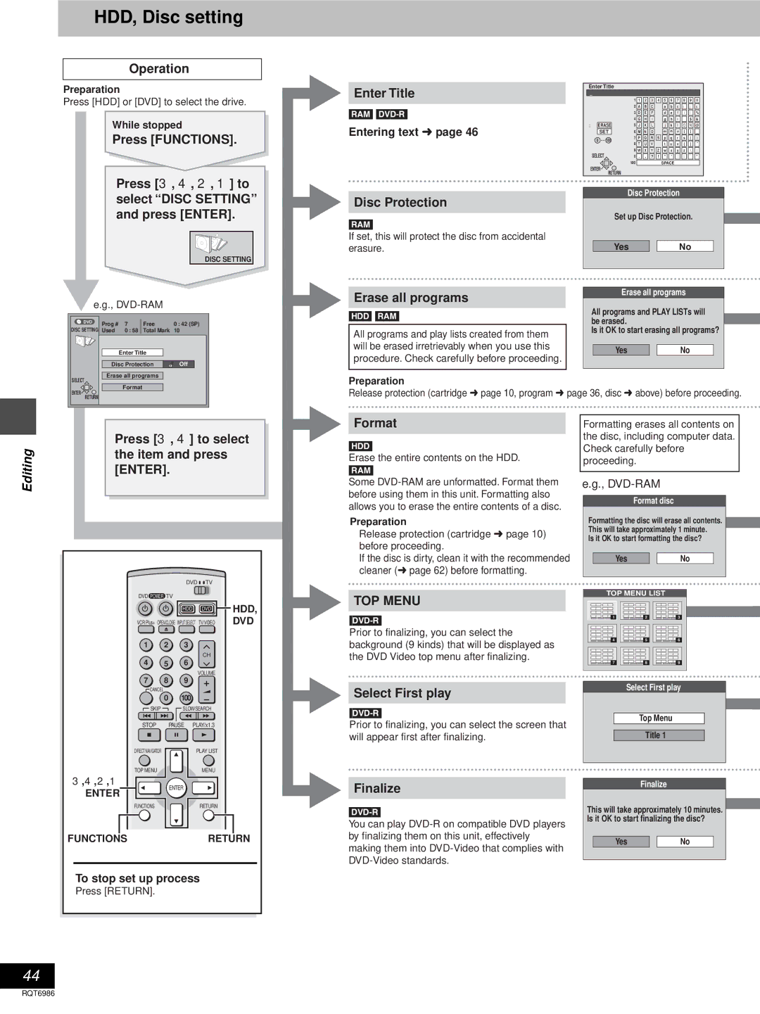 Panasonic DMR-E100H HDD, Disc setting, Disc Protection, Press 3, 4 to select Item and press, Select First play, Finalize 