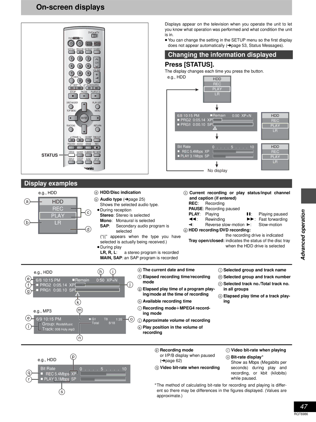 Panasonic DMR-E100H warranty On-screen displays, Changing the information displayed, Press Status, Display examples 