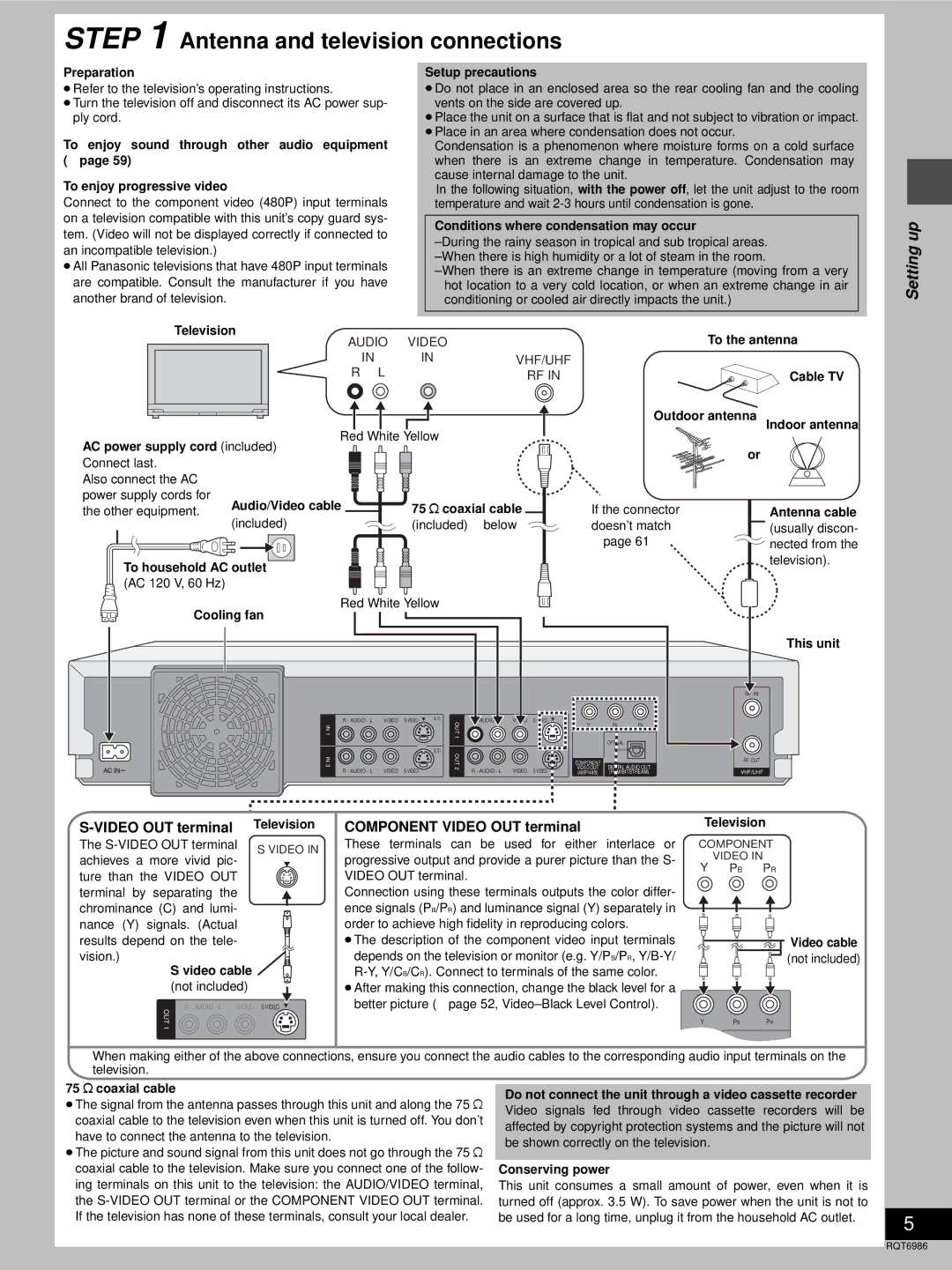 Panasonic DMR-E100H warranty Antenna and television connections, Component Video OUT terminal 