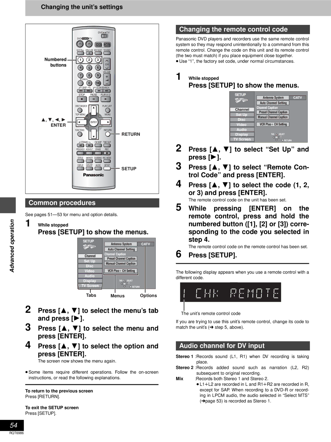 Panasonic DMR-E100H warranty Press Setup to show the menus, Audio channel for DV input, Tabs Menus Options 