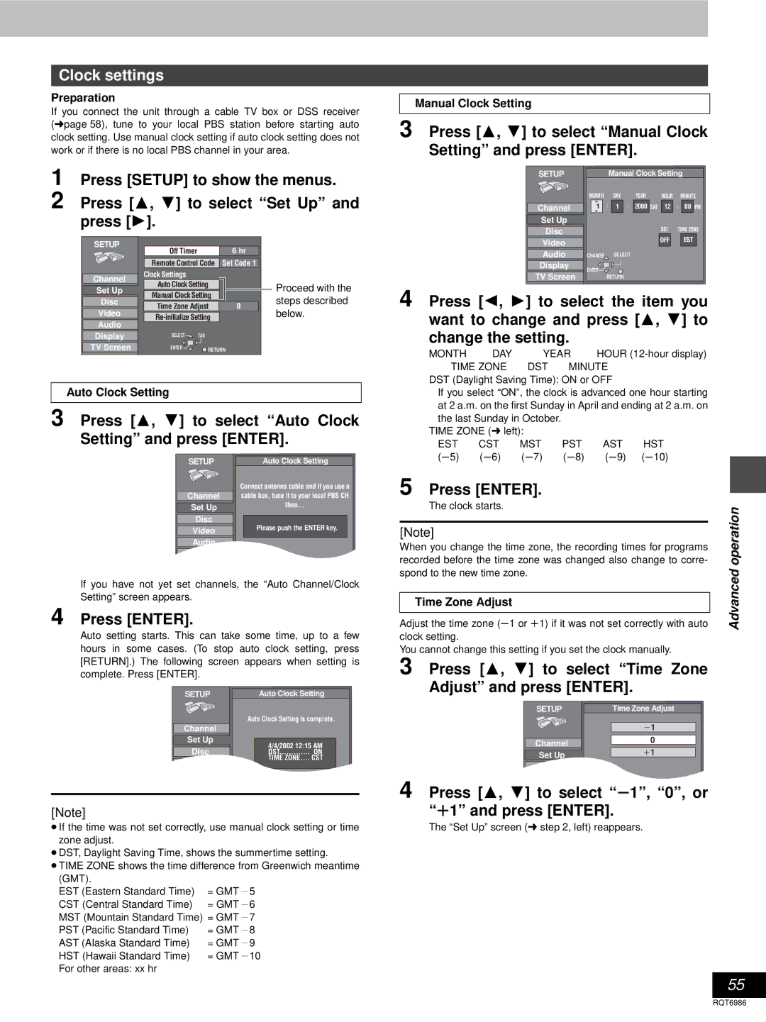 Panasonic DMR-E100H warranty Clock settings, Press 3, 4 to select Manual Clock Setting and press Enter 