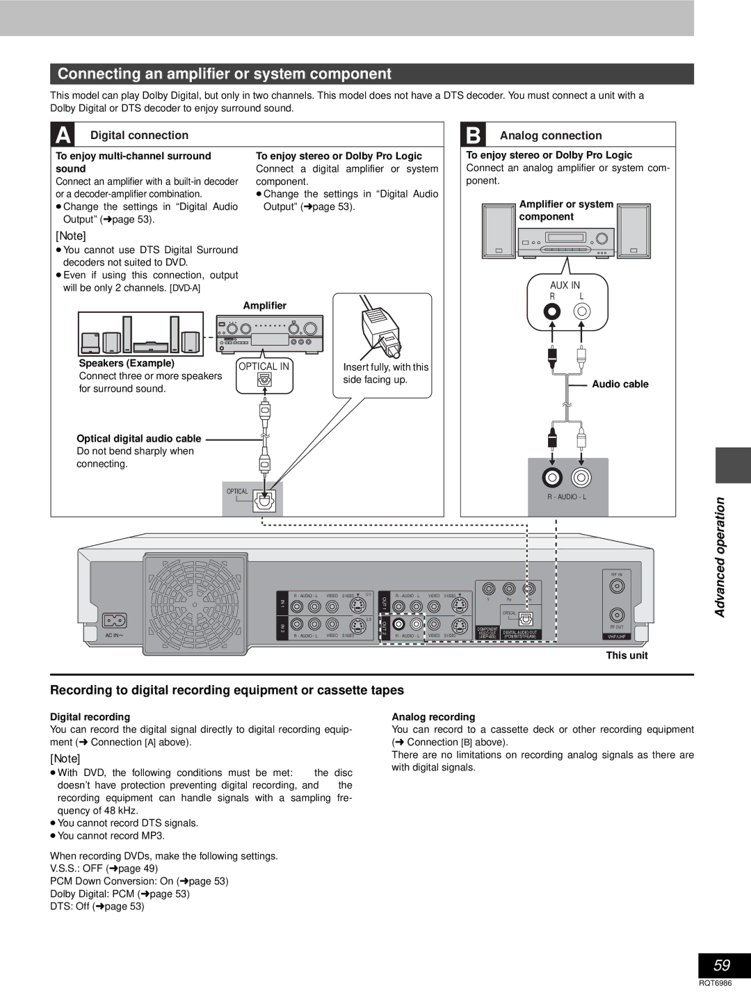 Panasonic DMR-E100H warranty Connecting an amplifier or system component 