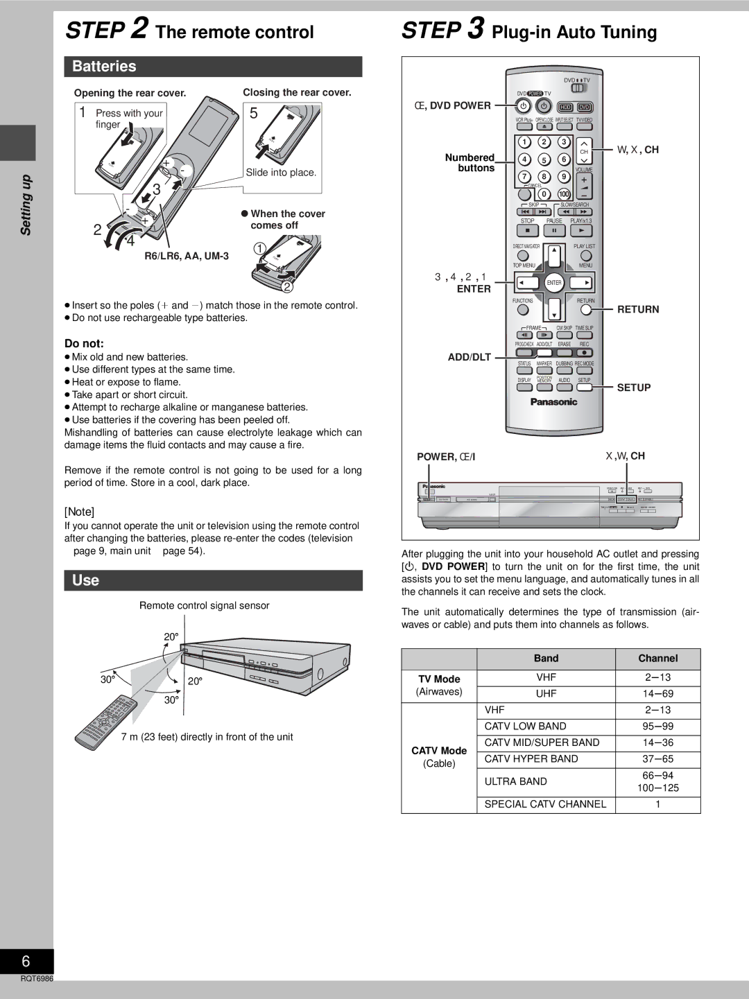 Panasonic DMR-E100H warranty Remote control, Batteries, Use, Do not 