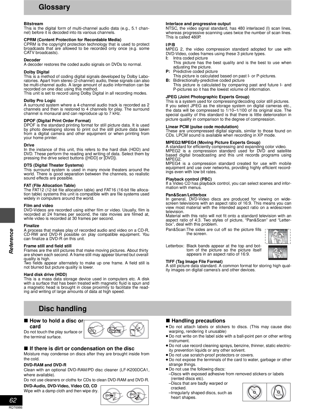 Panasonic DMR-E100H Glossary, Disc handling, How to hold a disc or Card, If there is dirt or condensation on the disc 