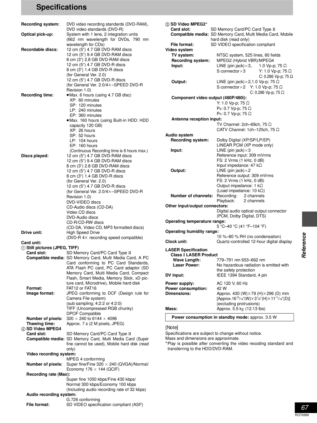 Panasonic DMR-E100H warranty Specifications 