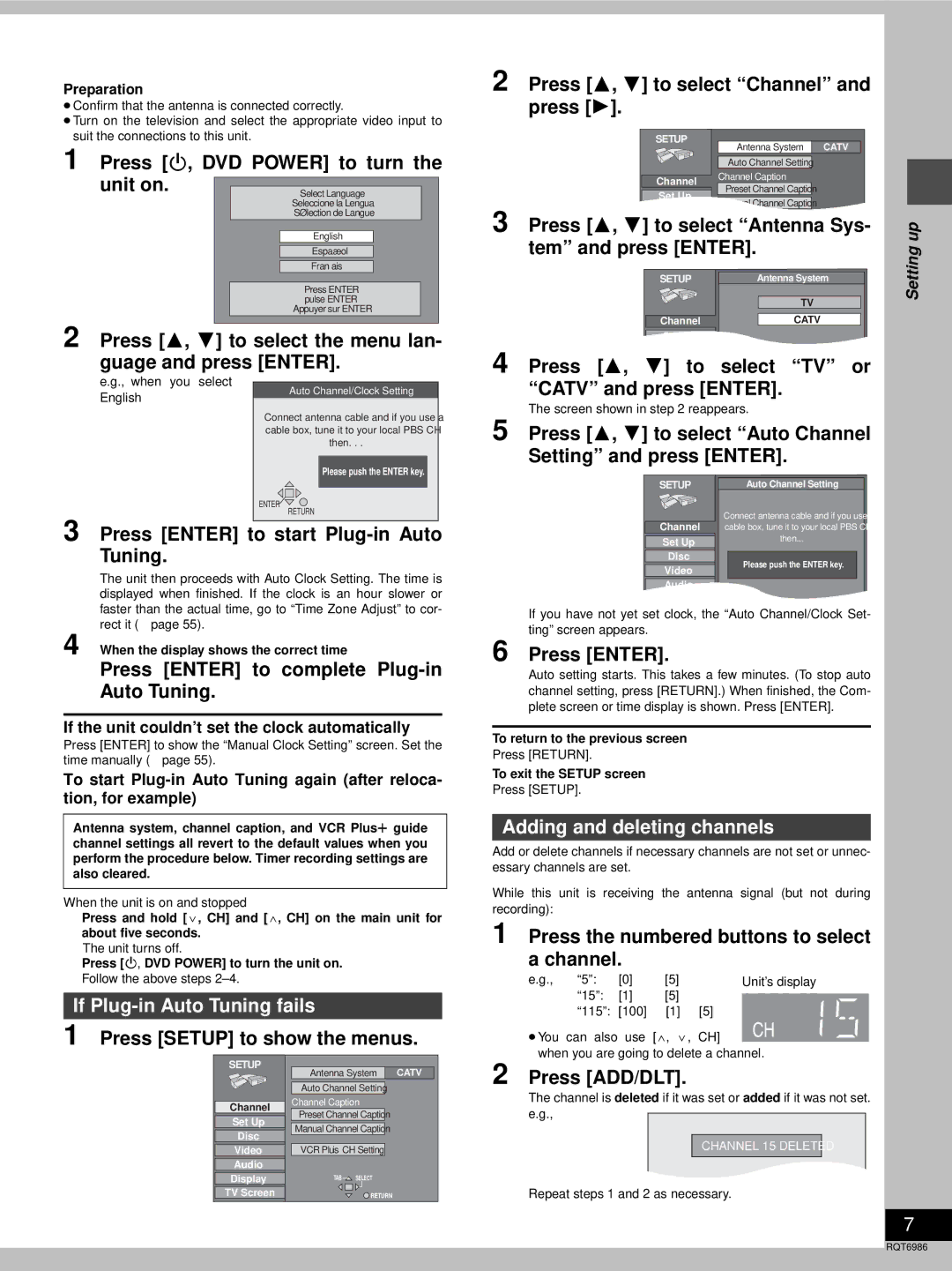 Panasonic DMR-E100H warranty If Plug-in Auto Tuning fails, Press 3, 4 to select Antenna Sys Tem and press Enter 