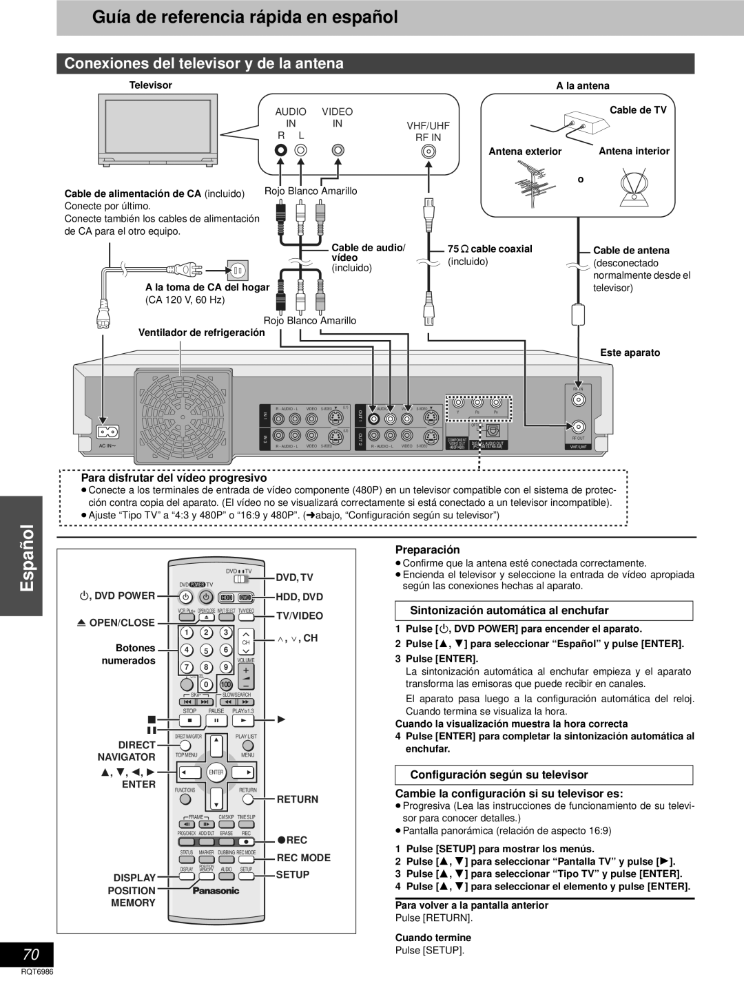 Panasonic DMR-E100H warranty Guía de referencia rápida en español, Conexiones del televisor y de la antena, Preparación 