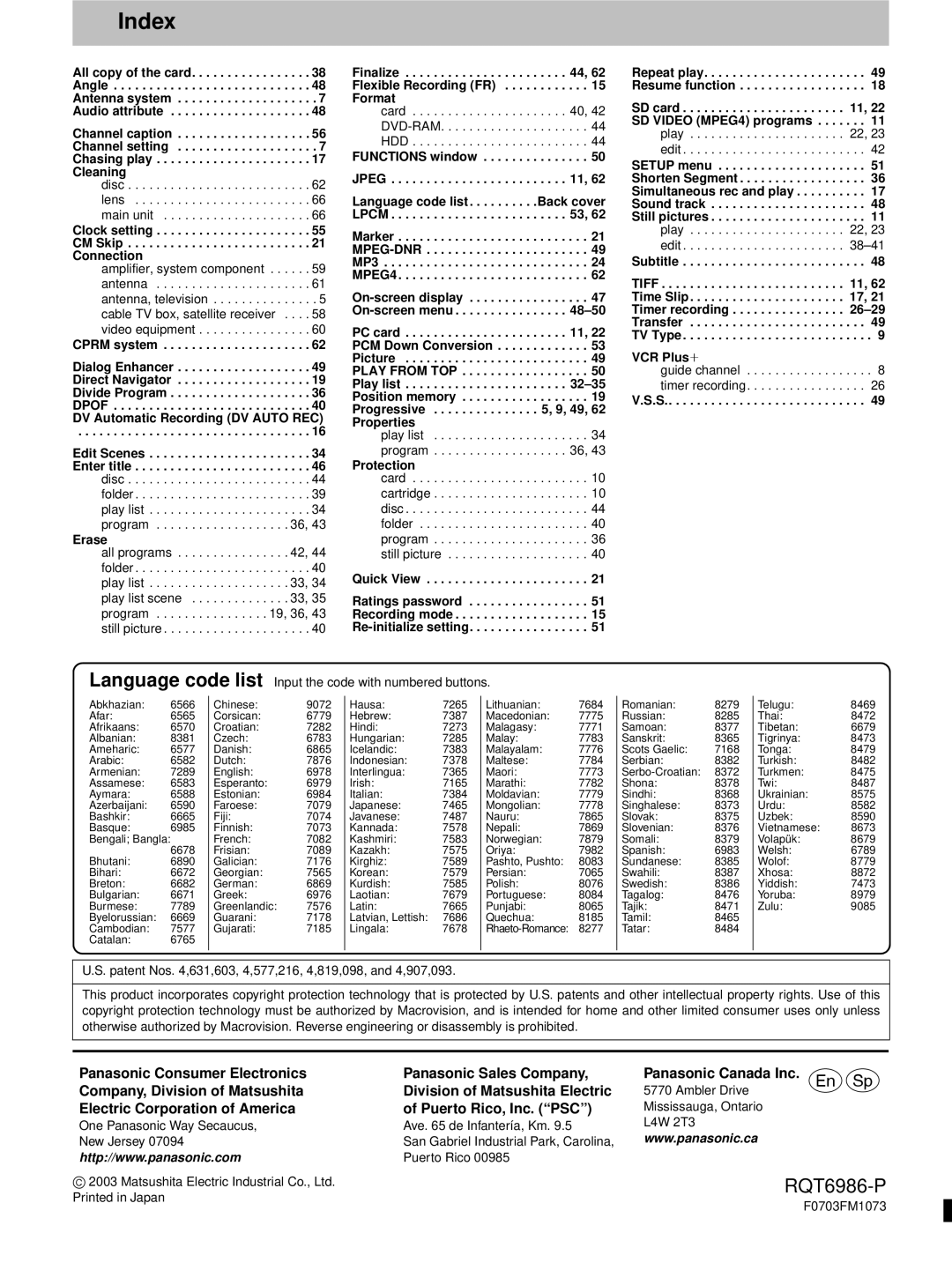 Panasonic DMR-E100H warranty Index, Electric Corporation of America Puerto Rico, Inc. PSC 