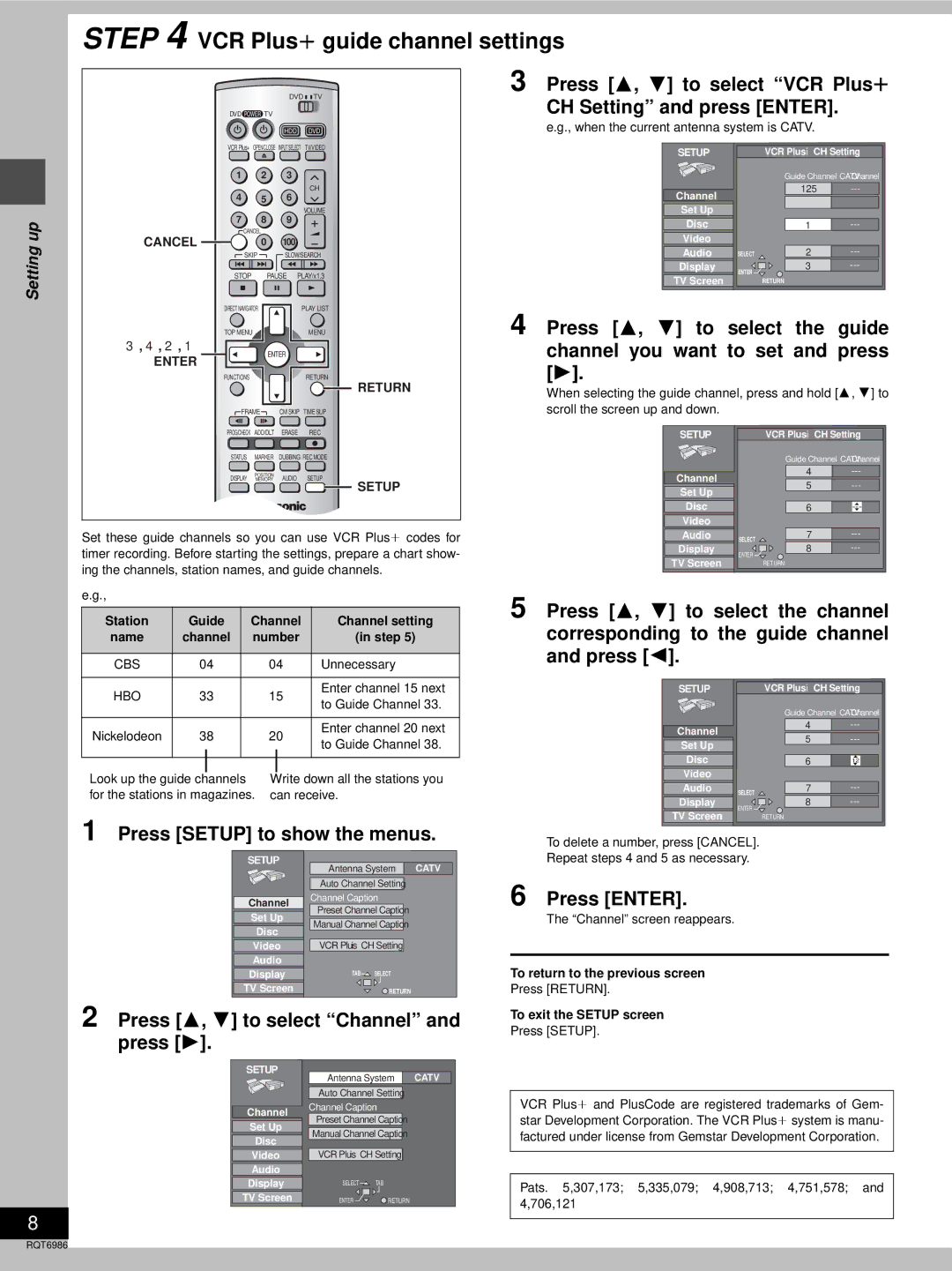 Panasonic DMR-E100H VCR Plusi guide channel settings, Press 3, 4 to select VCR Plusr CH Setting and press Enter, Cancel 