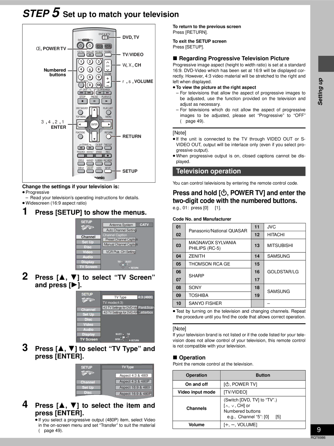 Panasonic DMR-E100H Set up to match your television, Television operation, Press 3, 4 to select TV Screen and press 