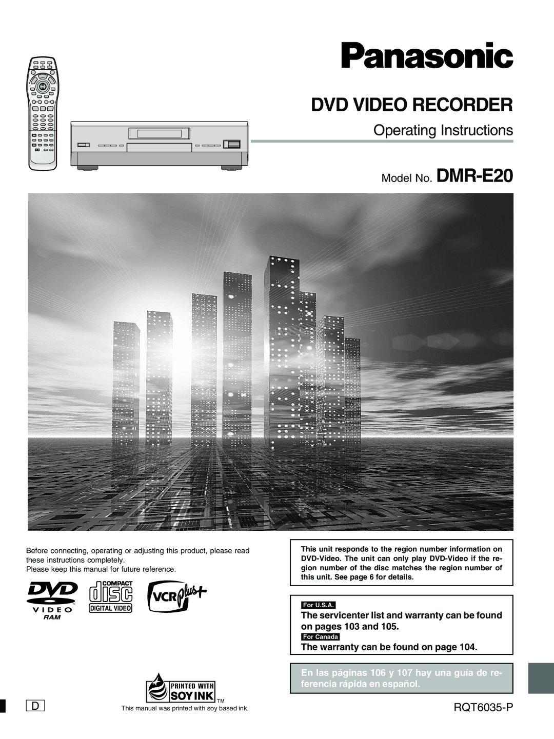 Panasonic DMR-E20 warranty Servicenter list and warranty can be found on pages 103, Warranty can be found on 