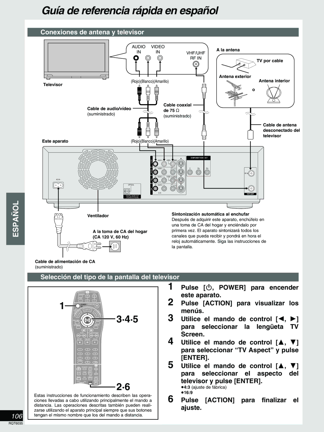 Panasonic DMR-E20 warranty Conexiones de antena y televisor, Selección del tipo de la pantalla del televisor 