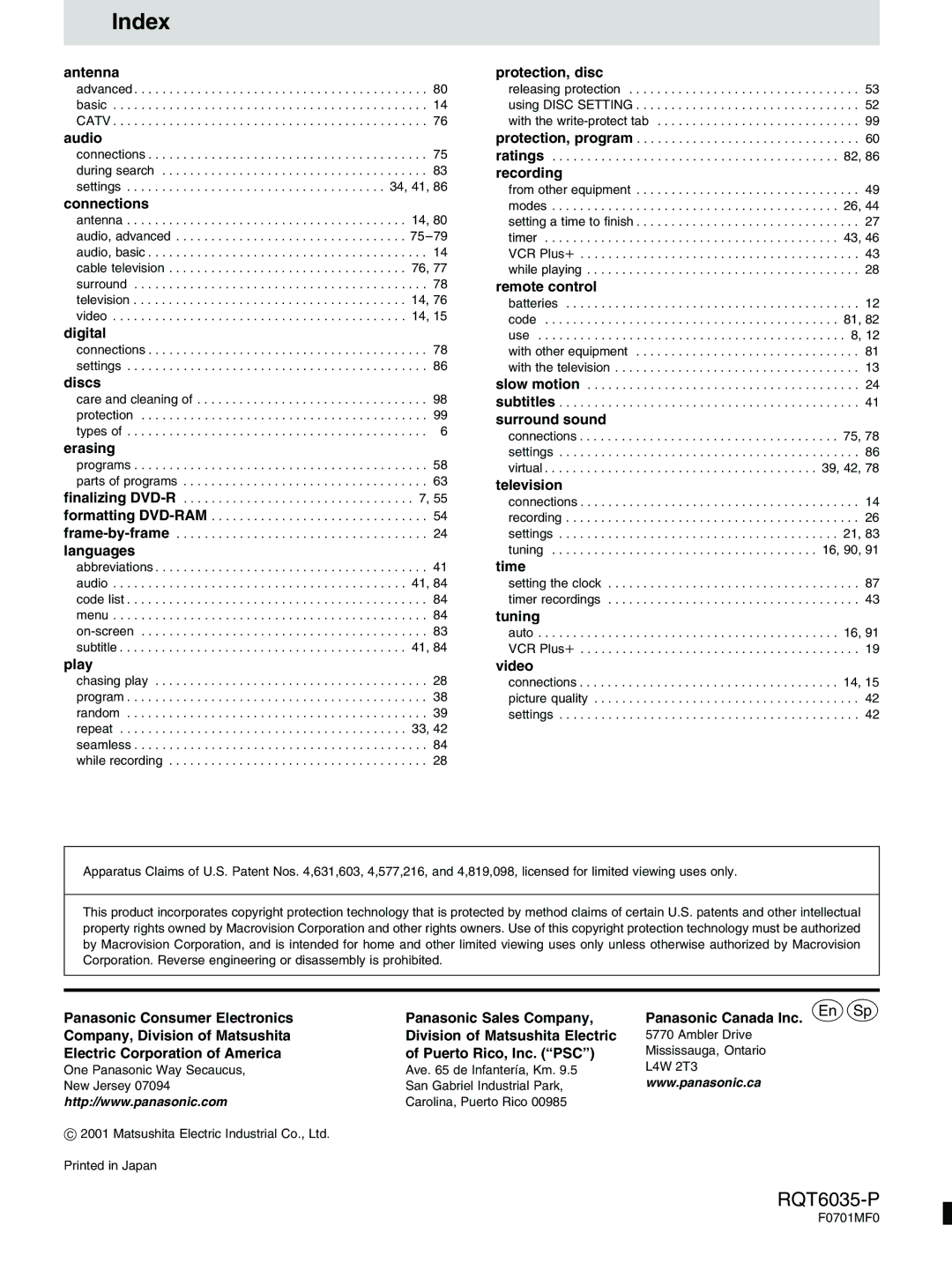 Panasonic DMR-E20 warranty Index 