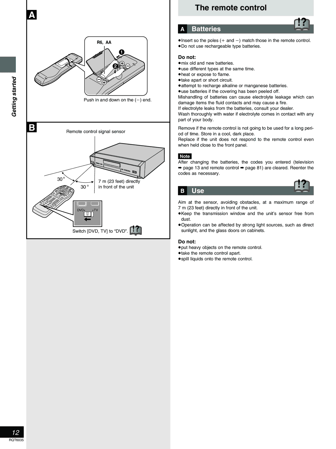 Panasonic DMR-E20 warranty Remote control, »A Batteries, »B Use, Do not, R6, AA 