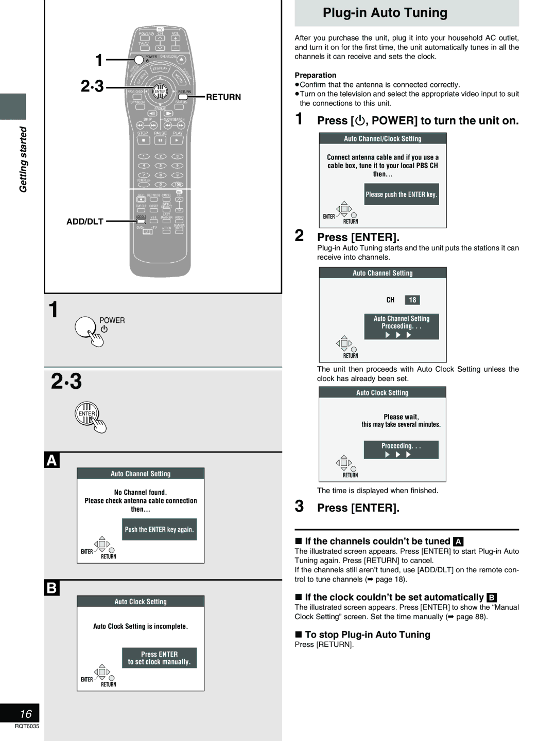 Panasonic DMR-E20 warranty Plug-in Auto Tuning, Press ê, Power to turn the unit on, Press Enter 