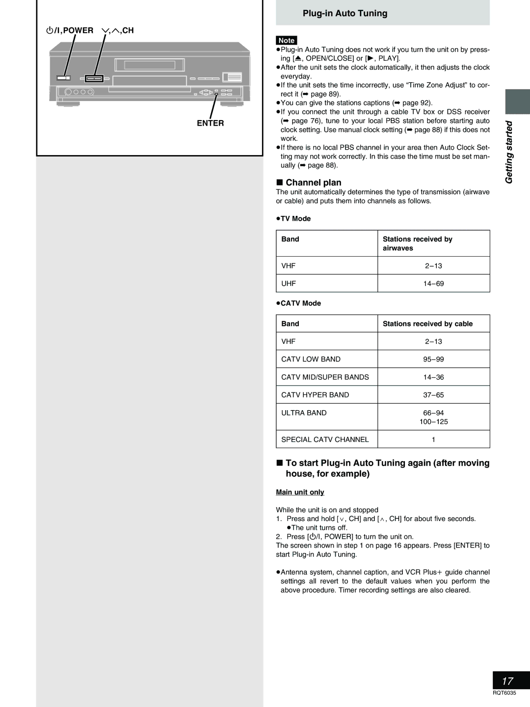 Panasonic DMR-E20 warranty Plug-in Auto Tuning, Channel plan, ³TV Mode Band Stations received by Airwaves, Main unit only 