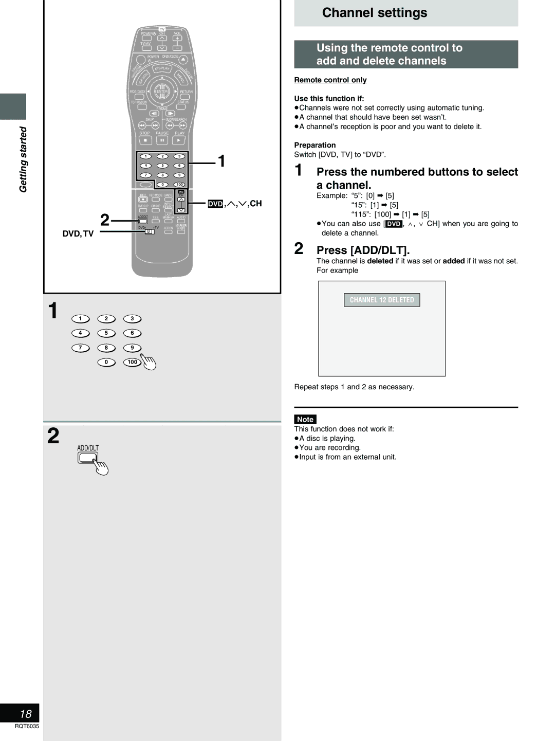 Panasonic DMR-E20 warranty Channel settings, Using the remote control to Add and delete channels, Press ADD/DLT 