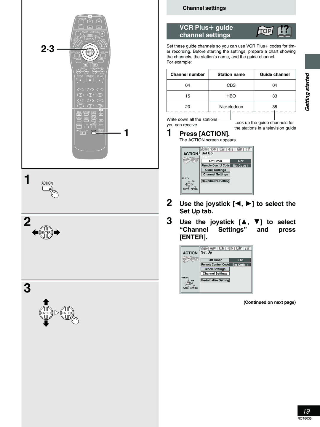 Panasonic DMR-E20 warranty VCR Plus r guide, Channel settings, Press Action, On next 