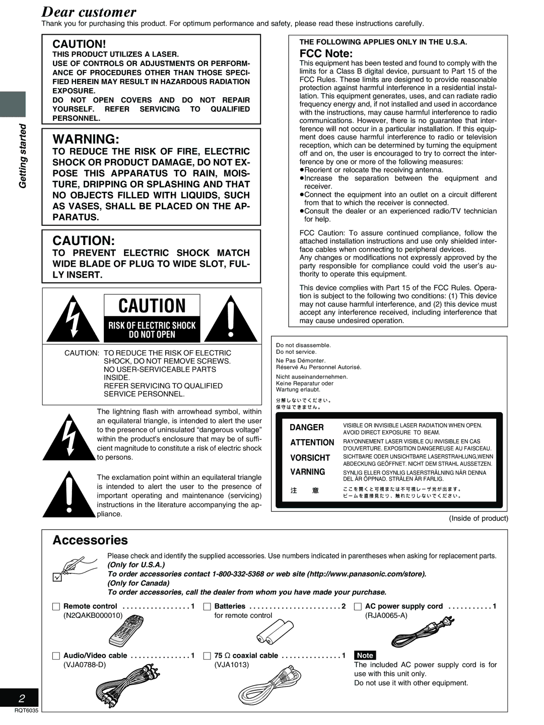 Panasonic DMR-E20 warranty Accessories, FCC Note, Refer Servicing to Qualified Service Personnel 