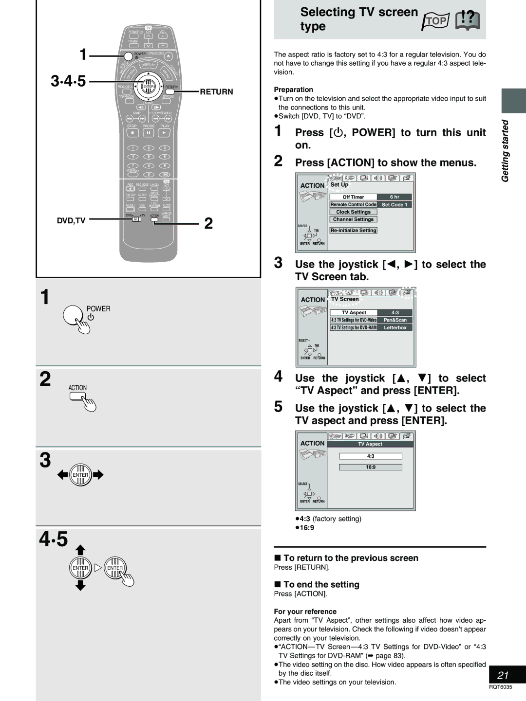 Panasonic DMR-E20 warranty Selecting TV screen, Type, Use the joystick 2, 1 to select TV Screen tab 