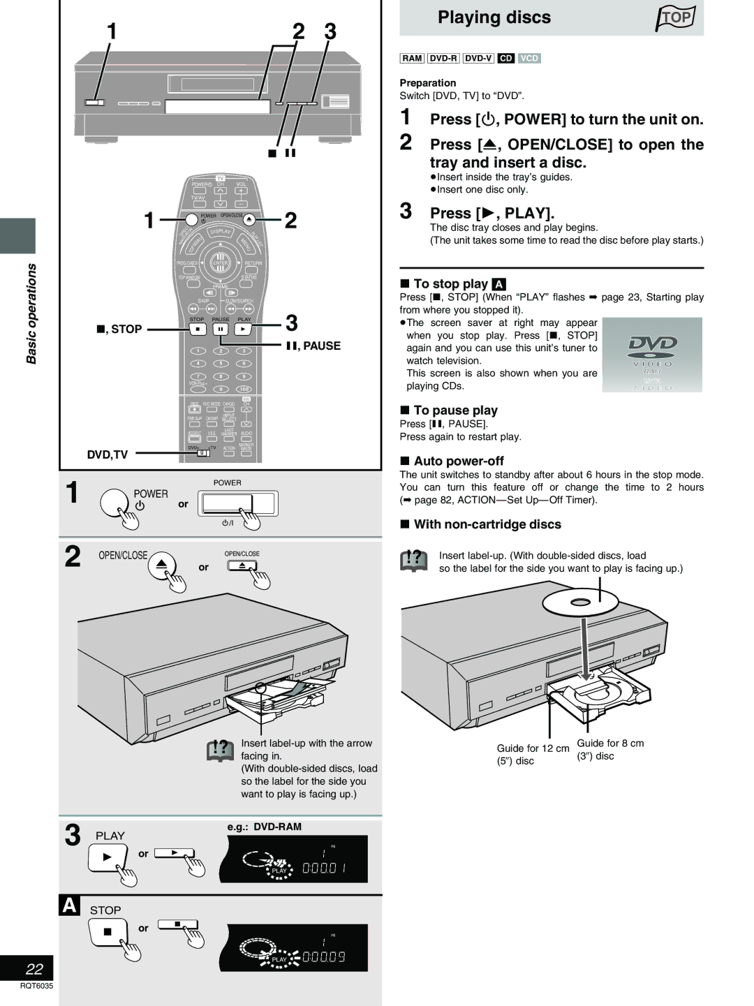 Panasonic DMR-E20 warranty Press 1, Play, To stop play a, To pause play, Auto power-off, With non-cartridge discs 