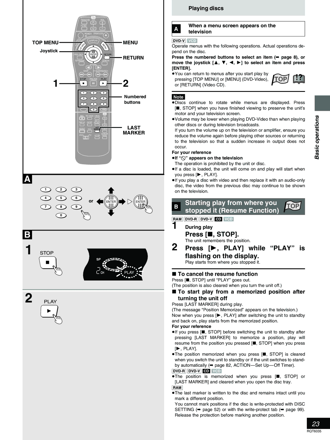 Panasonic DMR-E20 Starting play from where you, » stopped it Resume Function, Press º, Stop, To cancel the resume function 