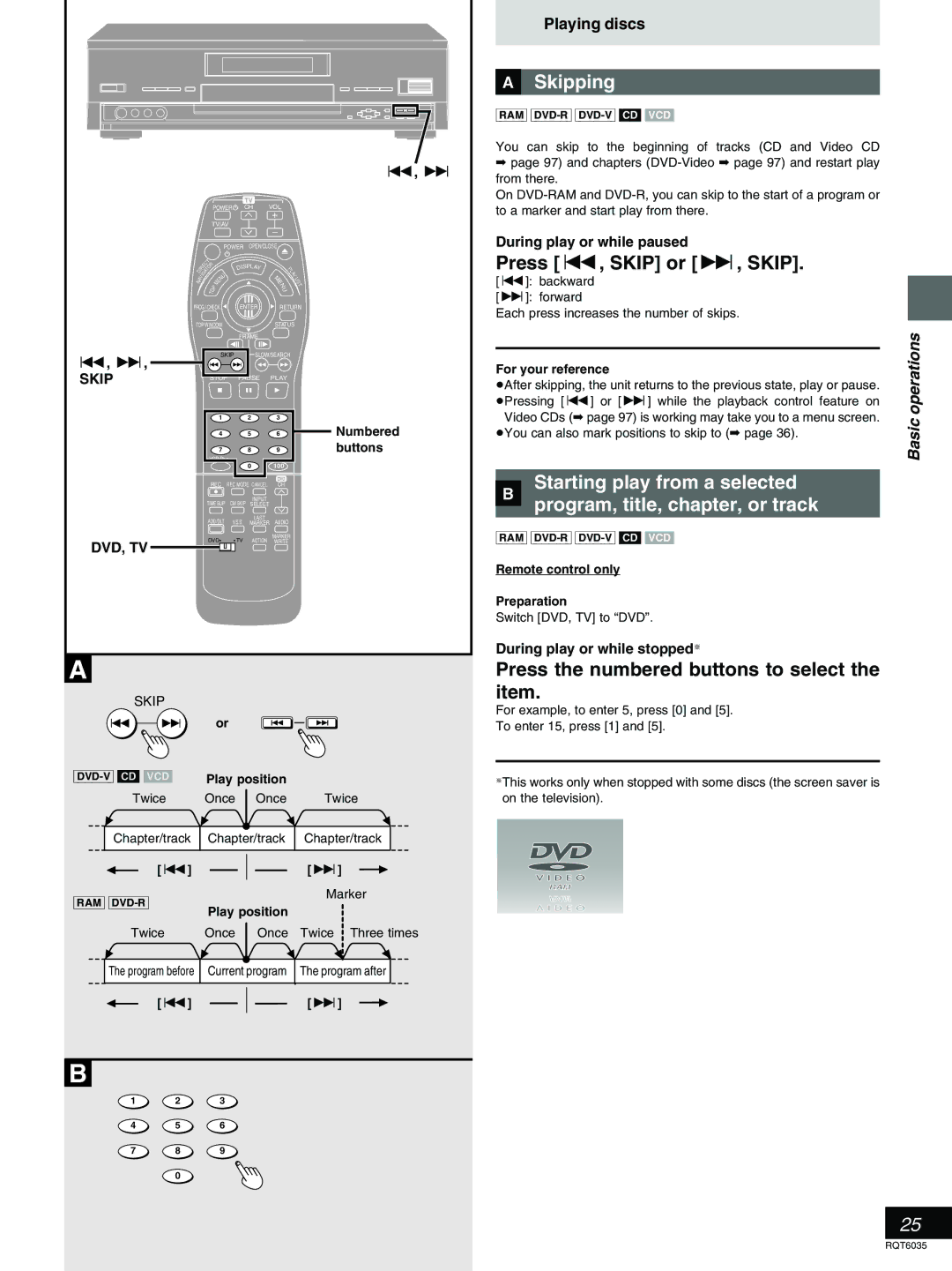 Panasonic DMR-E20 warranty »A Skipping, Press , Skip or 9, Skip, Press the numbered buttons to select the item 