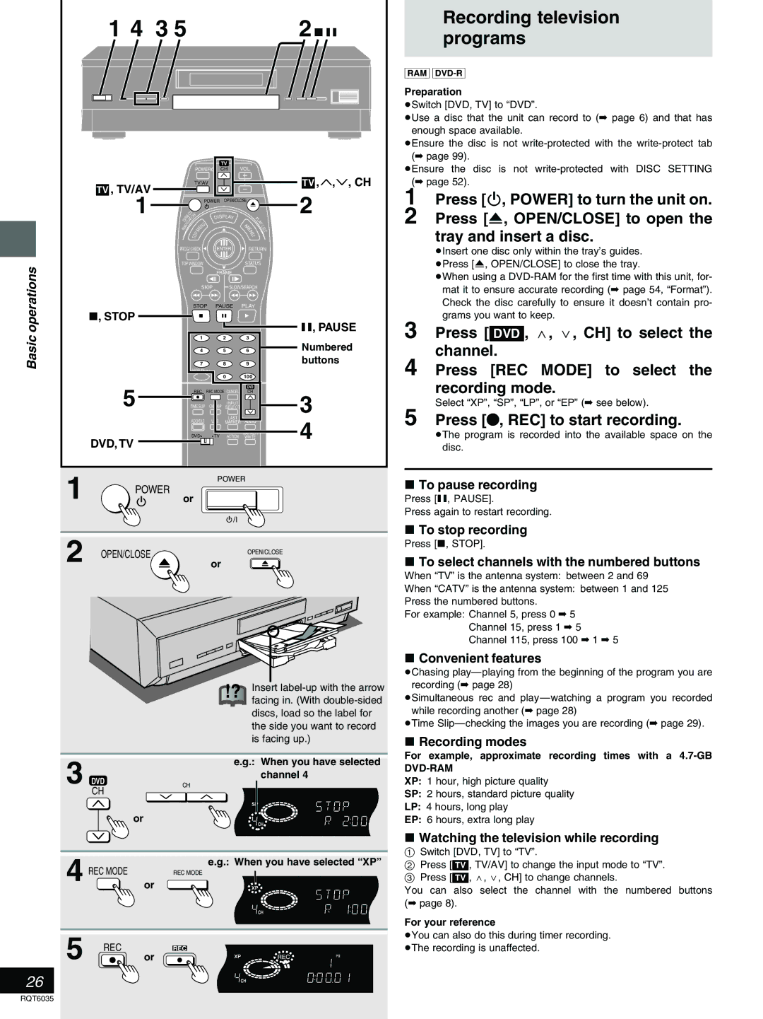 Panasonic DMR-E20 warranty Recording television programs, Press ´, REC to start recording 