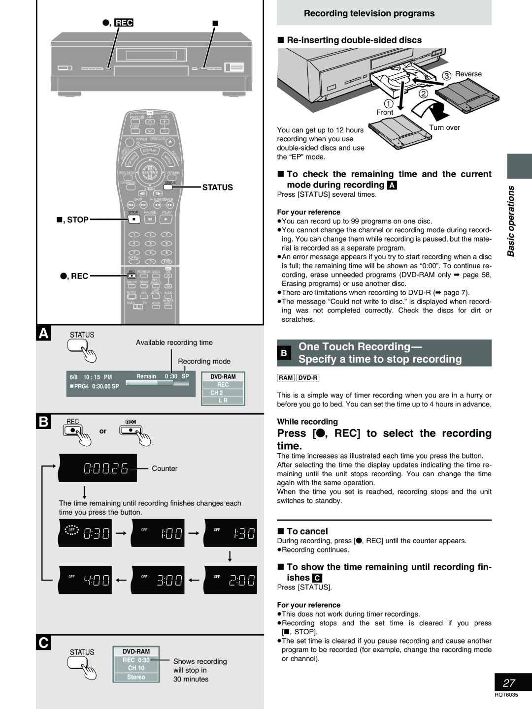 Panasonic DMR-E20 » One Touch Recording Specify a time to stop recording, Press ´, REC to select the recording time 