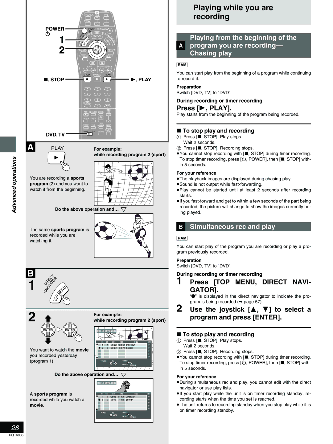 Panasonic DMR-E20 Playing while you are recording, »B Simultaneous rec and play, Press TOP MENU, Direct NAVI- Gator 