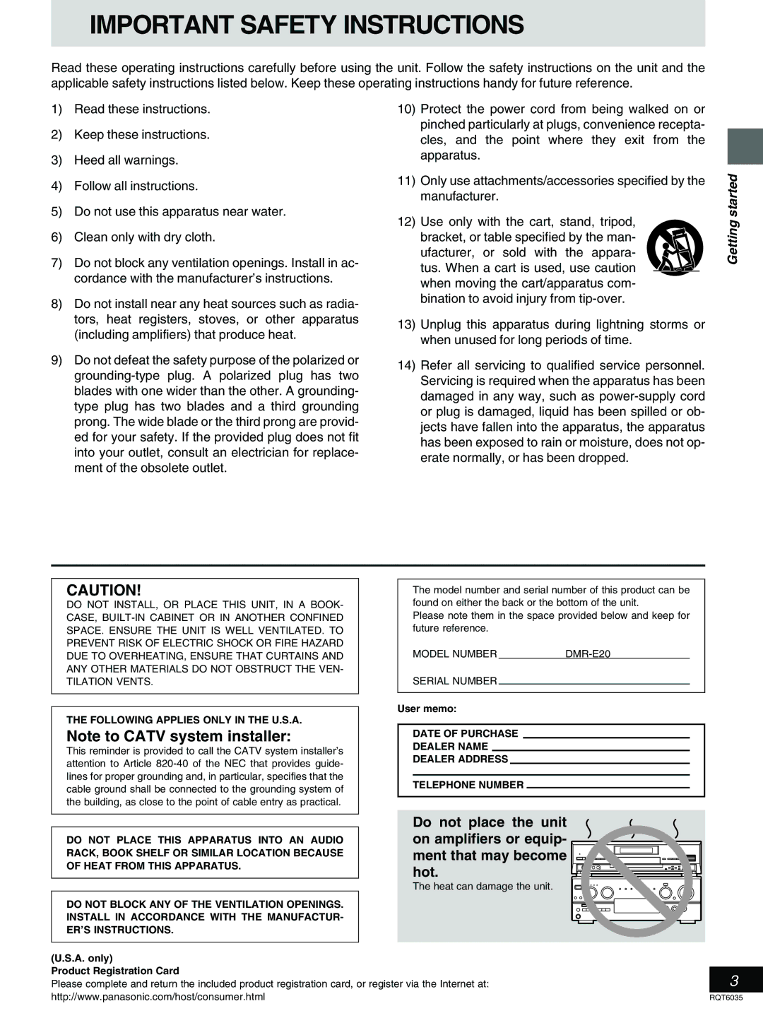 Panasonic DMR-E20 warranty Model Number, Serial Number, User memo, A. only Product Registration Card 