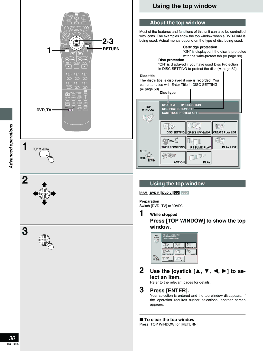 Panasonic DMR-E20 warranty Using the top window, About the top window, Press TOP Window to show the top window 